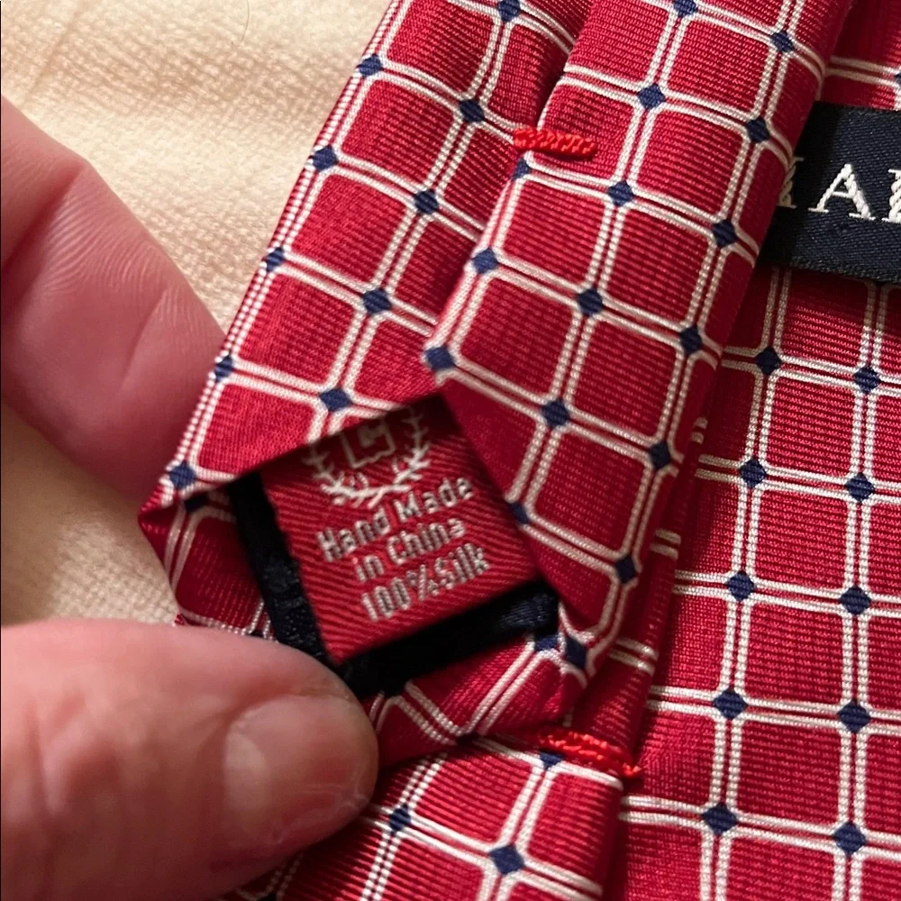 Chaps boy’s CLIP ON silk tie red navy white windowpane handmade worn 1X EUC